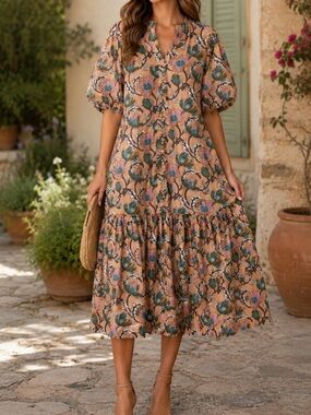 Lola Australia floral midi dress puff sleeve ruffle bottom pink XS